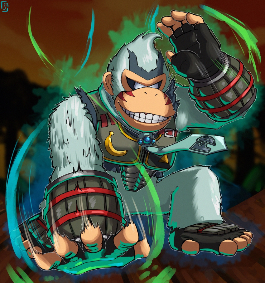 1boy, alternate_color, alternate_costume, alternate_eye_color, alternate_fur_color, armor, aura, banana
