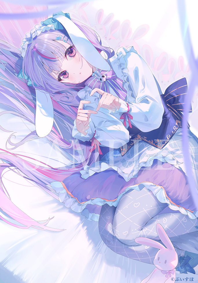 1girl, 4-fingers_heart_hands, :o, animal_ears, argyle_clothes, argyle_pantyhose, blue_bow, blue_bowtie