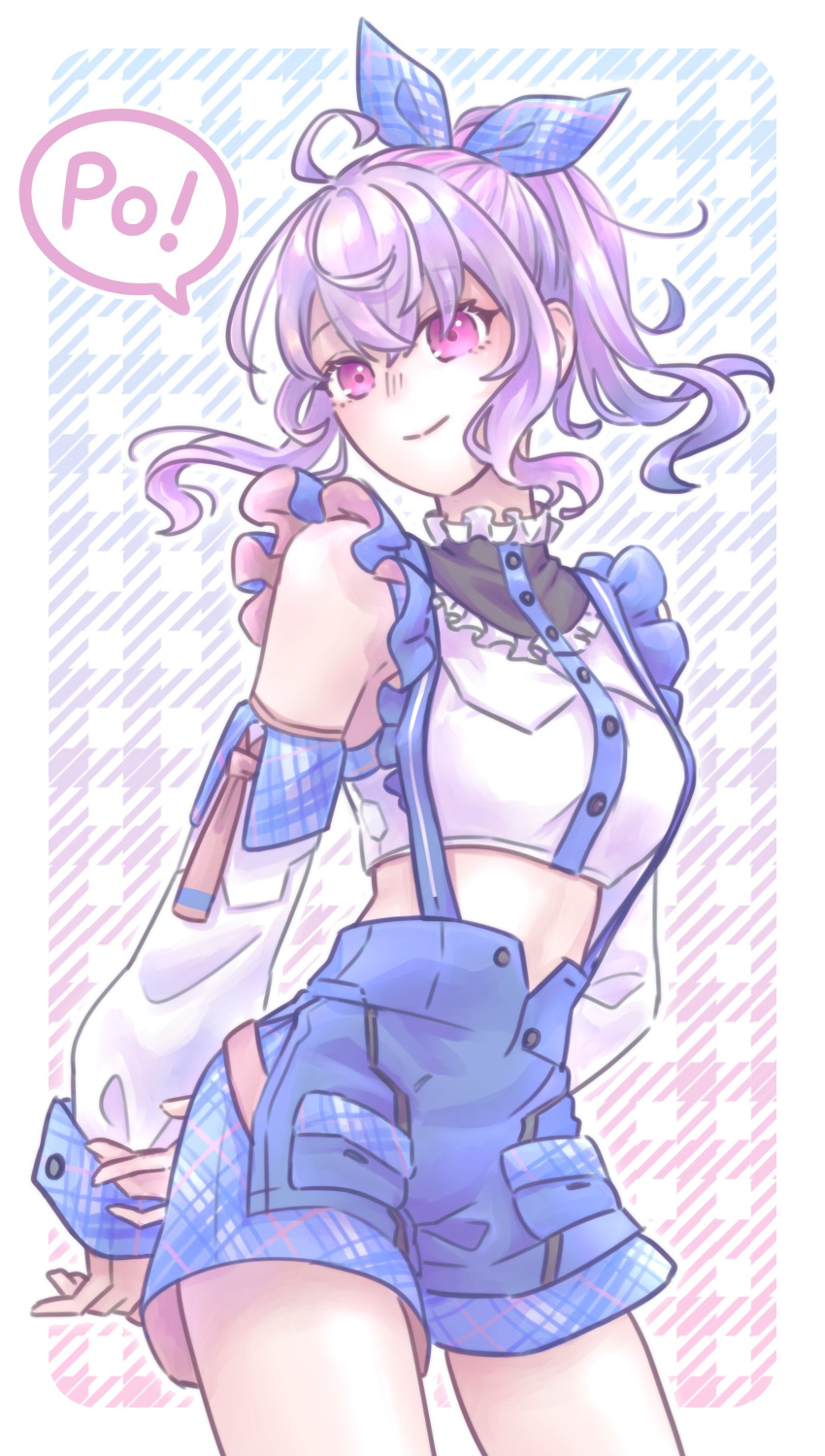 1girl, absurdres, breasts, collar, cowboy_shot, crop_top, detached_sleeves, frilled_collar, frills, high-waist_shorts, highres, medium_breasts, medium_hair, otentopso2, phantasy_star, phantasy_star_online_2, phantasy_star_online_2_new_genesis, pink_eyes, ponytail, popona, purple_hair, shorts, smile, solo, suspenders