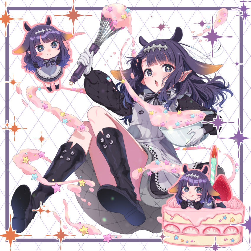 +_+, 1girl, apron, black_bow, black_bowtie, black_dress, black_footwear, blue_eyes, blunt_bangs, boots, bow, bowl, bowtie, cake, cake_slice, chibi, chibi_inset, commentary_request, curly_hair, dress, food, frilled_apron, frills, full_body, gloves, gradient_hair, hair_flaps, hirayama_kanna, holding, holding_bowl, holding_whisk, hololive, hololive_english, knee_boots, knees_together_feet_apart, knees_up, long_hair, long_sleeves, mixing_bowl, mole, mole_under_eye, multicolored_hair, ninomae_ina'nis, ninomae_ina'nis_(pastry_chef), official_alternate_costume, official_alternate_hairstyle, official_art, open_mouth, orange_hair, pointy_ears, puffy_long_sleeves, puffy_sleeves, purple_hair, short_dress, sidelocks, solo, tentacle_hair, virtual_youtuber, whisk, white_apron, white_gloves