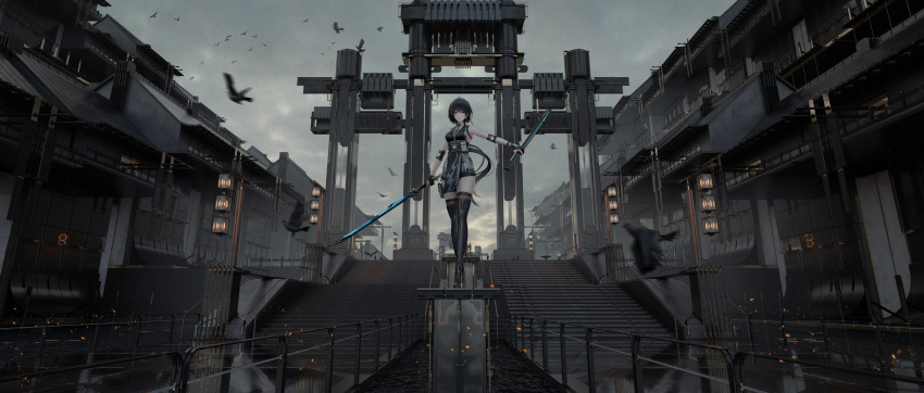1girl, absurdres, architecture, bare_shoulders, binggong_asylum, bird, black_dress, black_footwear