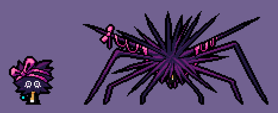 1girl, black_dress, dress, kitamura_(splatoon), lisa_(series), lisa_the_painful, looking_at_viewer, monsterification, necktie, pink_ribbon, pixel_art, purple_background, ribbon, simple_background, solo, spikes, splatoon_(series), splatoon_2, vivalich, wide_shot, yellow_necktie