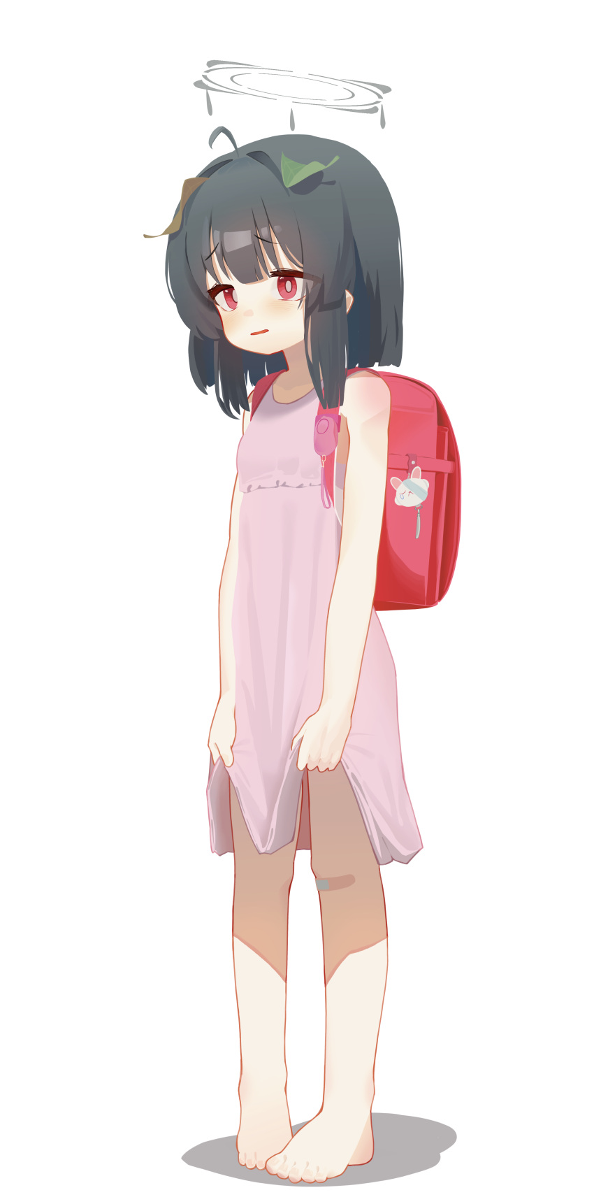 1girl, absurdres, backpack, bag, bandaid, bandaid_on_knee, bandaid_on_leg, barefoot, black_hair, blue_archive, dorusan_02, dress, full_body, grey_halo, halo, highres, leaf, leaf_on_head, miyu_(blue_archive), pink_dress, red_eyes, simple_background, solo, standing, white_background