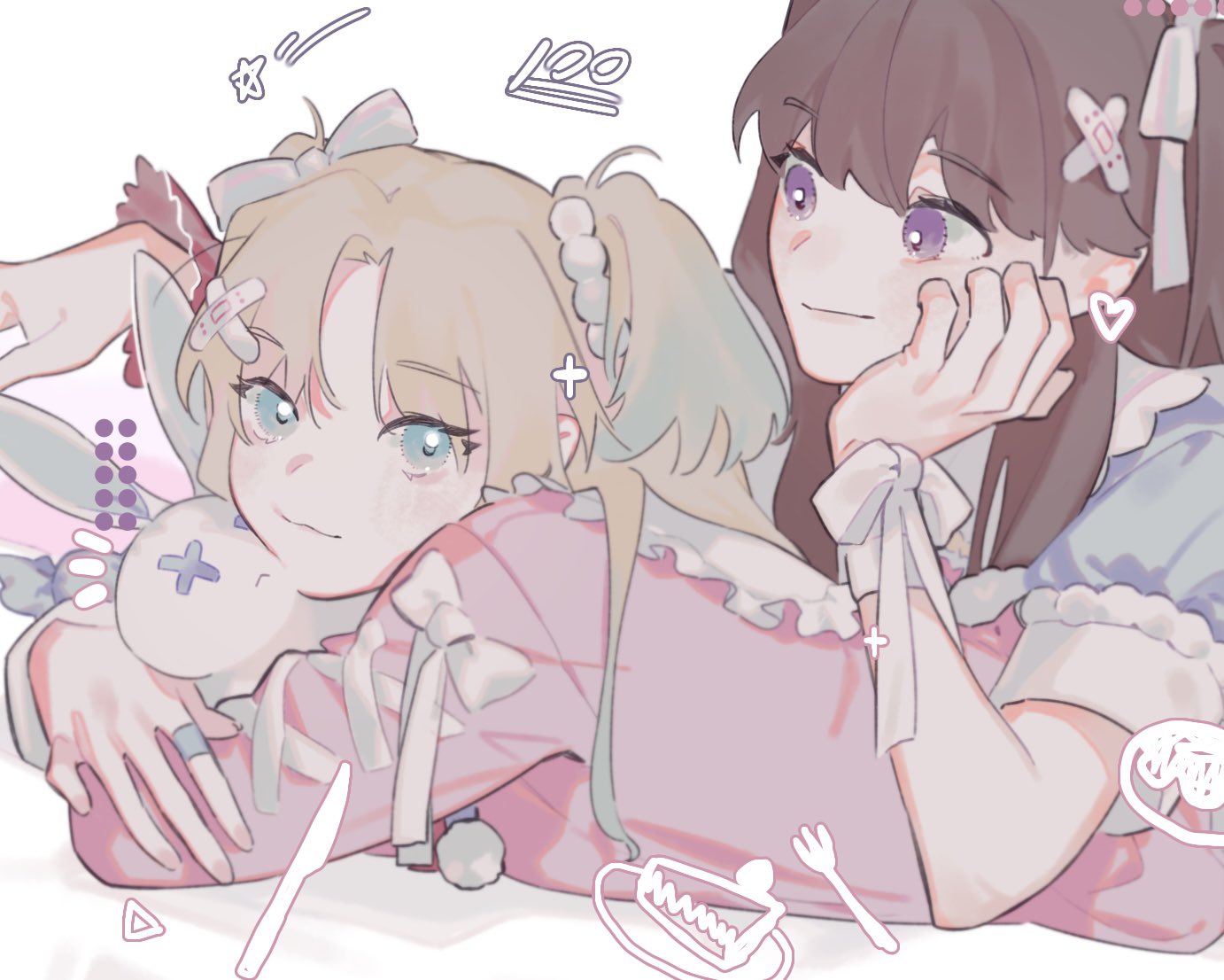 100_points_emoji, 2girls, :<, :3, bandaid, bandaid_hair_ornament, blonde_hair, blue_bow