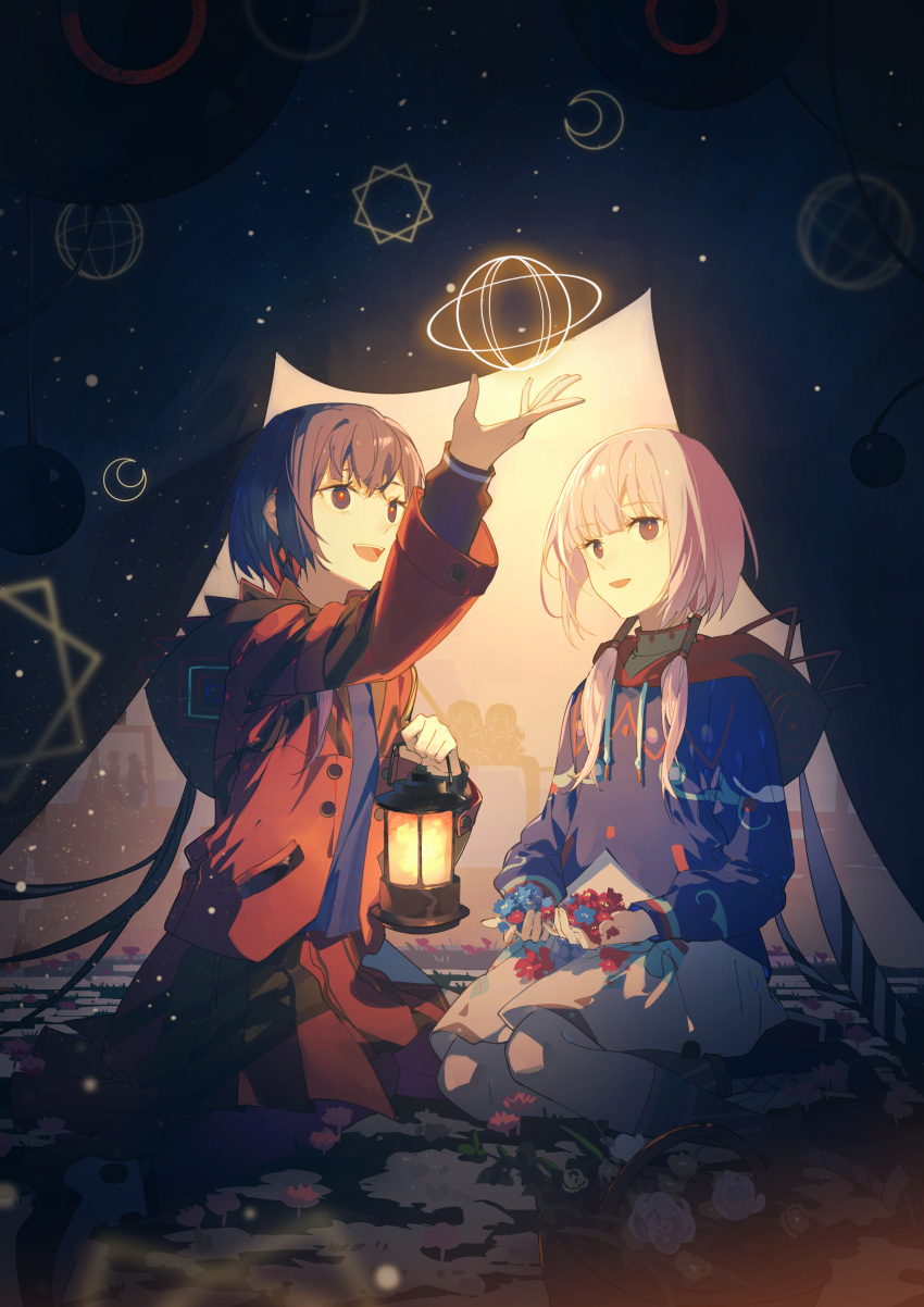 2girls, absurdres, arm_up, black_jacket, blue_eyes, blue_flower, blue_hair, blue_jacket