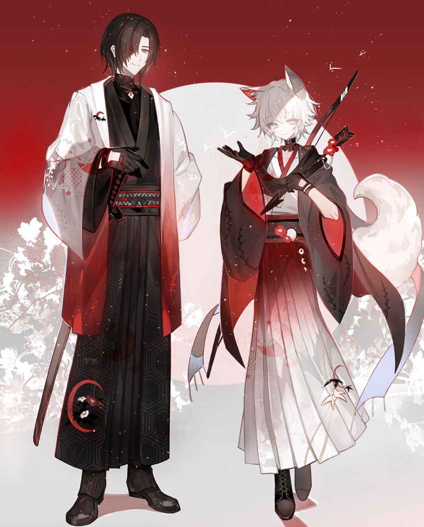 2boys, animal_ears, arrow_(projectile), black_eyes, black_gloves, black_hair, black_hakama, bow_(weapon), commentary_request, dog_boy, dog_ears, dog_tail, gloves, hair_over_one_eye, hakama, hakama_pants, haori, highres, holding, holding_arrow, japanese_clothes, juexing_(moemoe3345), katana, looking_at_viewer, mabinogi, male_focus, multiple_boys, pants, player_character_(mabinogi), red_background, smile, sword, tail, two-tone_background, weapon, white_background, white_hakama