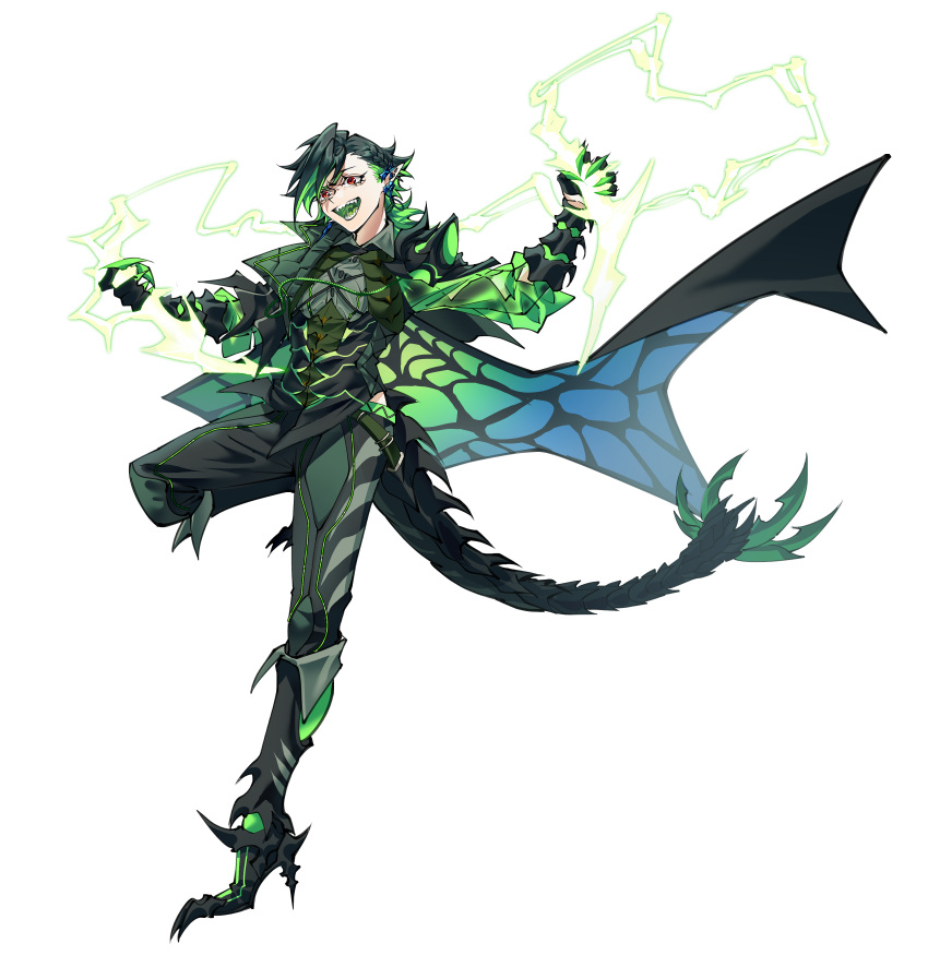1girl, absurdres, astalos, belt, braid, crown_braid, earrings, electricity, electrokinesis, eyelashes, full_body, green_hair, green_lightning, hair_between_eyes, high_heels, highres, holding_lightning_bolt, jacket, jewelry, lanmizu2002, monster_hunter_(series), open_clothes, open_jacket, personification, pointy_ears, red_eyes, see-through, see-through_sleeves, sharp_teeth, solo, spiked_tail, tail, teeth