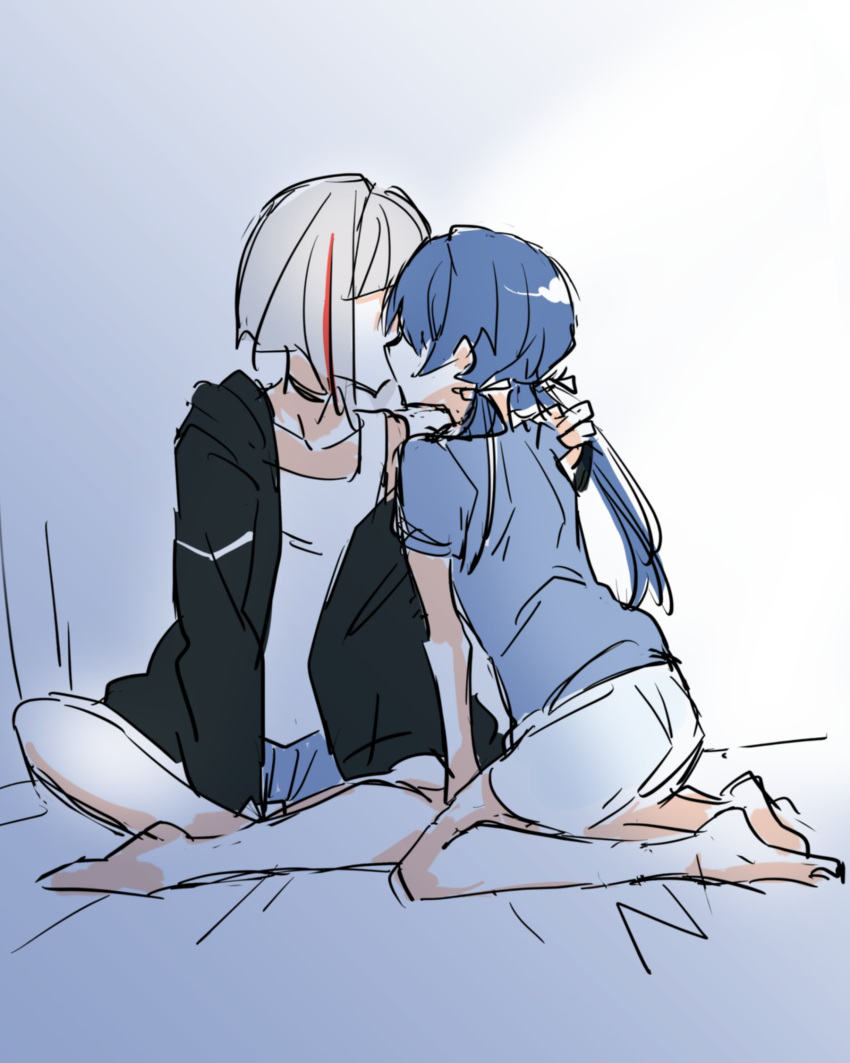 2girls, black_choker, black_jacket, blue_hair, blue_shirt, blue_shorts, bob_cut, choker