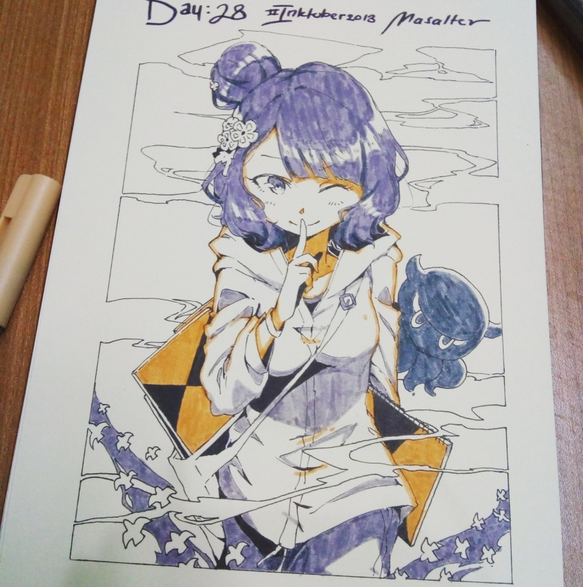 1girl, art_tools_in_frame, bag, between_breasts, bracelet, breasts, collarbone, commentary