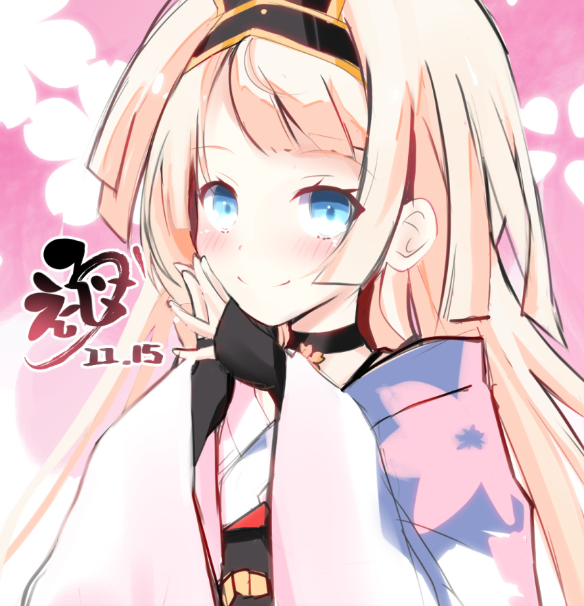 1girl, black_choker, blonde_hair, blue_eyes, blush, choker, close-up, closed_mouth
