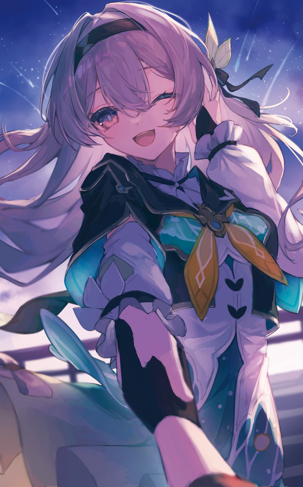 black_gloves, black_hairband, breasts, collared_shirt, cropped_jacket, firefly_(honkai:_star_rail), floating_hair, frilled_sleeves