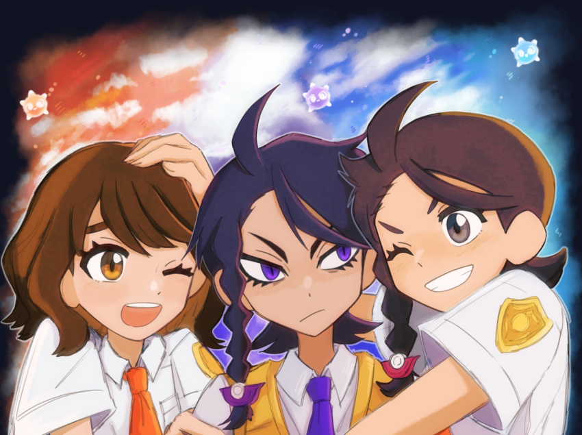 anna_(pokemon), braid, brown_eyes, brown_hair, collared_shirt, highres, juliana_(pokemon), naranja_academy_(emblem), naranja_academy_school_uniform, necktie, open_mouth, orange_necktie, pokemon, pokemon_adventures, pokemon_sv, purple_necktie, rippol, school_uniform, shirt, short_sleeves, smile, upper_body, uva_academy_(emblem), uva_academy_school_uniform, vest, violet_eyes, yellow_vest