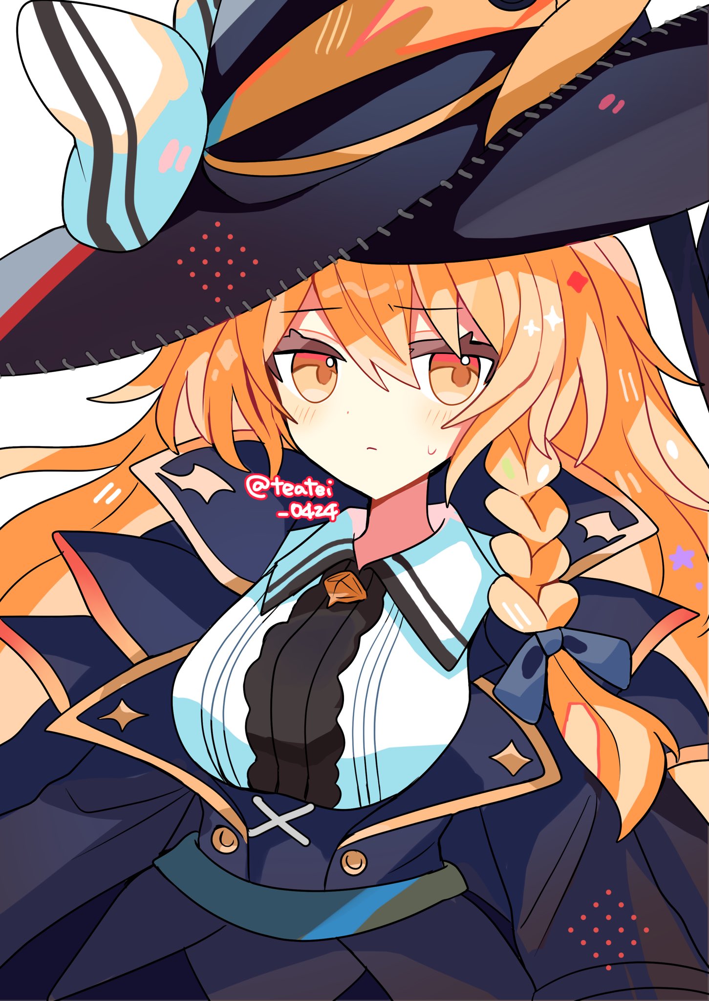 1girl, alternate_costume, black_hat, black_jacket, blonde_hair, blush, bow, braid, closed_mouth, commentary, hair_bow, hat, hat_bow, highres, jacket, kirisame_marisa, kirisame_marisa_(draconic_black_magic_knight), long_hair, looking_at_viewer, shirocha_tei, side_braid, single_braid, solo, sweatdrop, touhou, touhou_lostword, twitter_username, underbust, white_bow, yellow_eyes