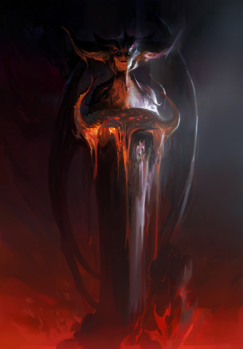 1girl, black_dress, black_lips, demon, demon_girl, demon_horns, demon_wings, diablo_(series)