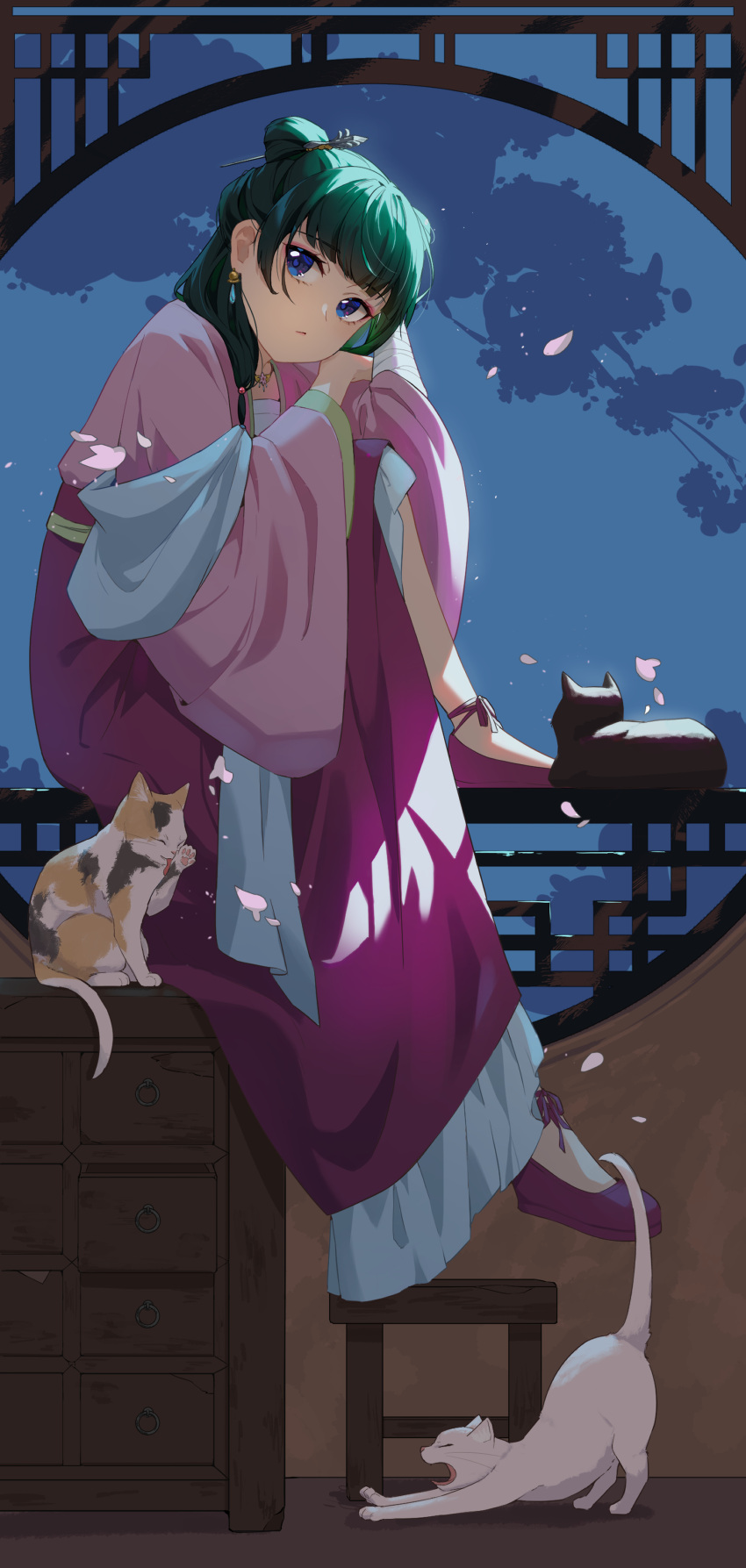 1girl, absurdres, bandaged_arm, bandages, blue_eyes, cat, chinese_clothes, double_bun