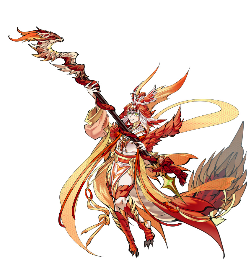 1girl, absurdres, amulet, barefoot, bow, clawed_feet, colored_eyelashes, dragon_tail, estrellian, facial_mark, full_body, hexagon, highres, holding, holding_staff, lanmizu2002, monster_girl, monster_hunter_(series), monster_hunter_online, multicolored_hair, o-ring, orange_hair, personification, puffy_sleeves, redhead, robe, sash, solo, staff, tail, topknot, white_background, white_hair, wide_sleeves, yellow_bow