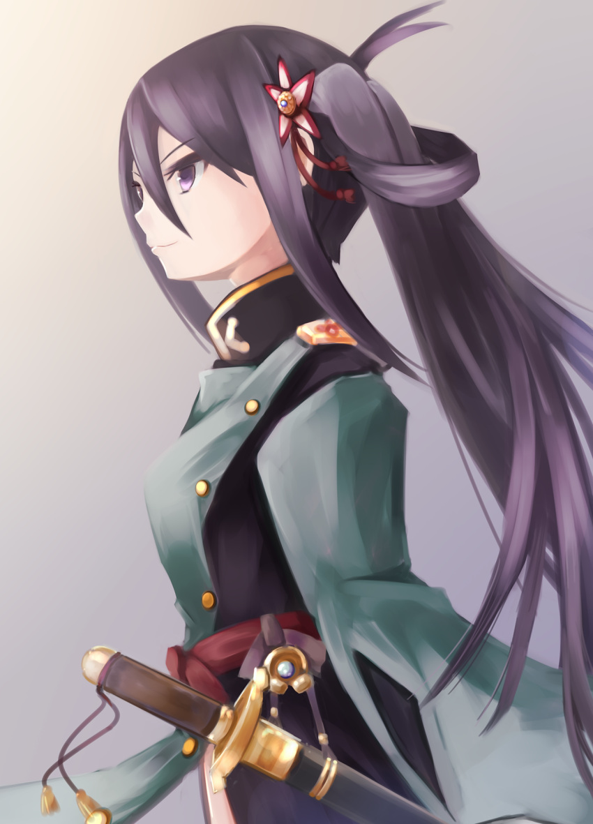 1girl, black_hair, buttons, chokutou, closed_mouth, commentary, double-breasted, from_side