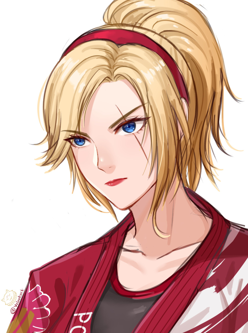 1girl, absurdres, artist_logo, blonde_hair, blue_eyes, collarbone, cowboy_shot, dougi