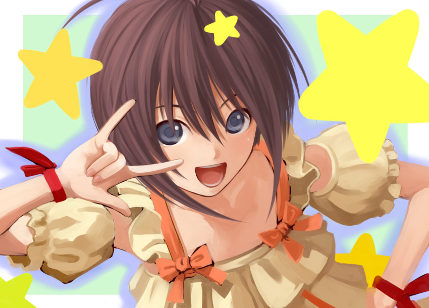 :d, \m/, black_eyes, black_hair, bow, cosplay, dress, hand_on_hip, idolmaster, kikuchi_makoto, macross, macross_frontier, nekopuchi, open_mouth, parody, ranka_lee, ranka_lee_(cosplay), ribbon, seikan_hikou, short_hair, smile, solo, star