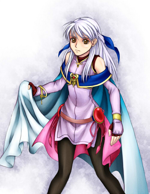 bare_shoulders, belt, black_pantyhose, cape, fingerless_gloves, fire_emblem, fire_emblem:_akatsuki_no_megami, gloves, hair_ribbon, long_hair, micaiah, pantyhose, ribbon, silver_hair, toranohige_(pixiv), yellow_eyes
