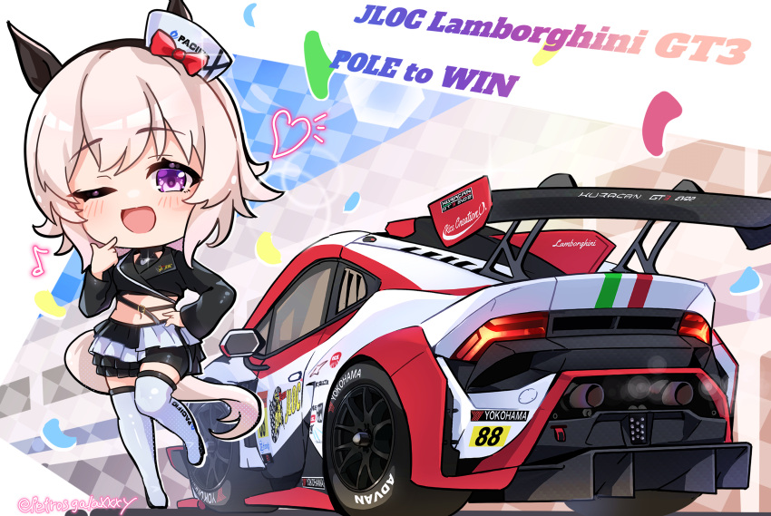 1girl, ;d, alternate_costume, animal_ears, black_jacket, boots, bow, chibi