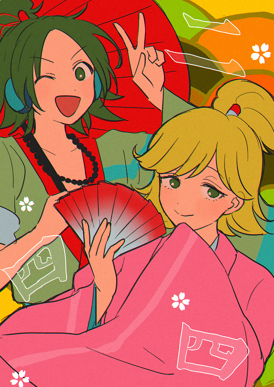 2boys, bead_necklace, beads, blonde_hair, dj_tsuyoshi, eyelashes, green_eyes, green_hair