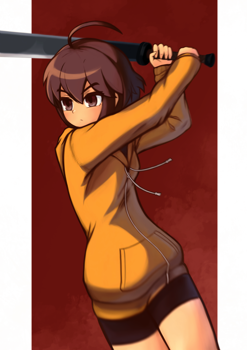 1girl, ahoge, bike_shorts, black_shorts, brown_eyes, brown_hair, closed_mouth, hair_between_eyes