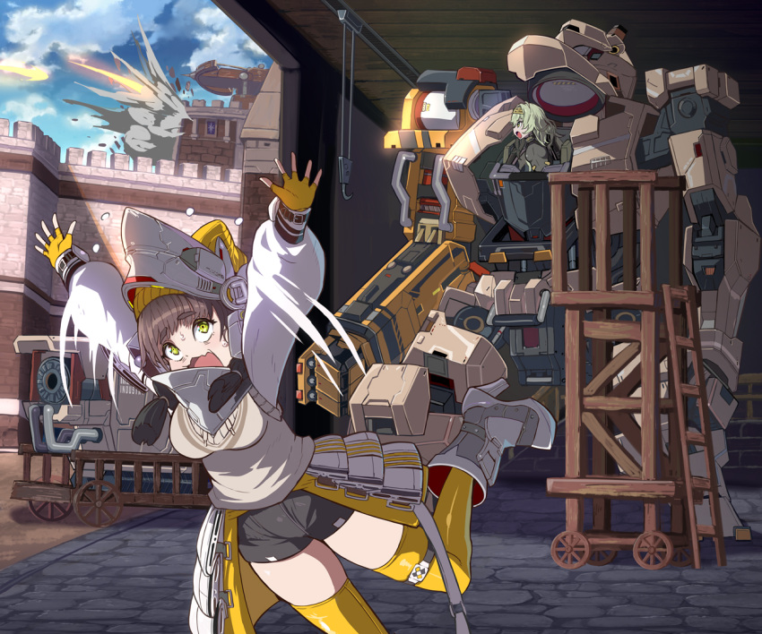 2girls, armored_gloves, black_bodysuit, bodysuit, breasts, brown_hair, brown_sweater_vest, chime_(nikke), gloves, goddess_of_victory:_nikke, green_eyes, green_hair, hairband, hat, helmet, kilo_(nikke), long_hair, long_sleeves, mecha, metal_hairband, multiple_girls, open_mouth, ribbon, robot, skin_tight, small_breasts, sweater_vest, syope, talos_(nikke), thigh-highs, yellow_beanie, yellow_eyes, yellow_gloves, yellow_hat, yellow_thighhighs