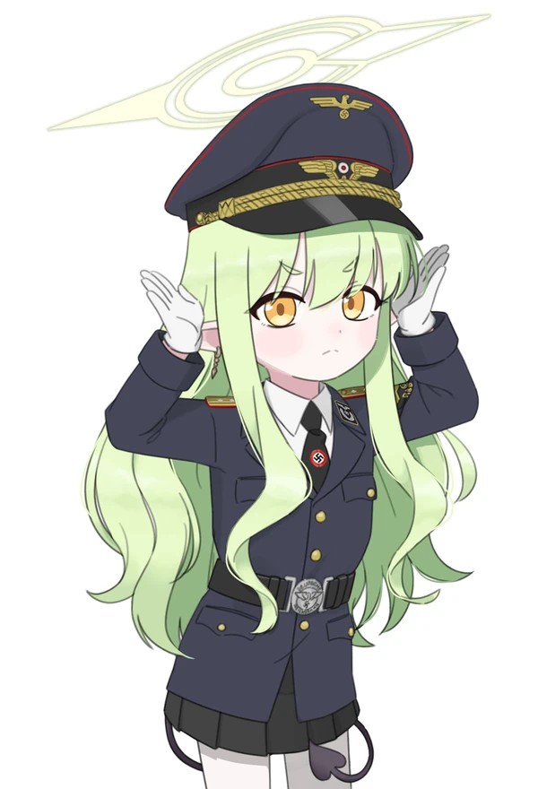 1girl, black_cat03, blue_archive, halo, hikari_(blue_archive), long_hair, military_uniform, nazi, pointy_ears, rabbit_pose, simple_background, solo, uniform, wavy_hair, white_background, yellow_eyes