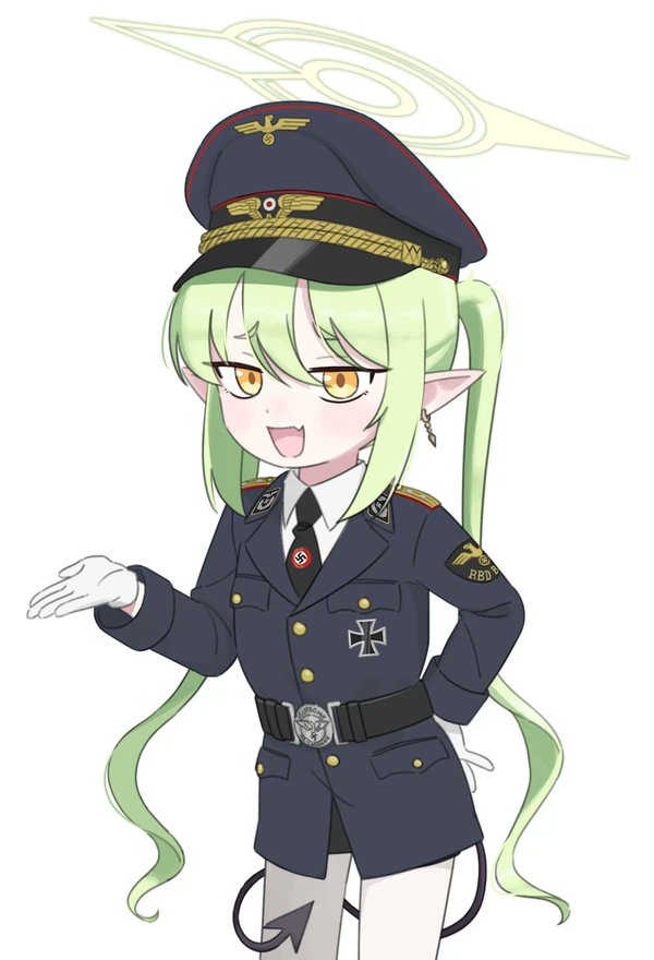 1girl, black_cat03, blue_archive, green_hair, halo, hat, long_hair, military_uniform