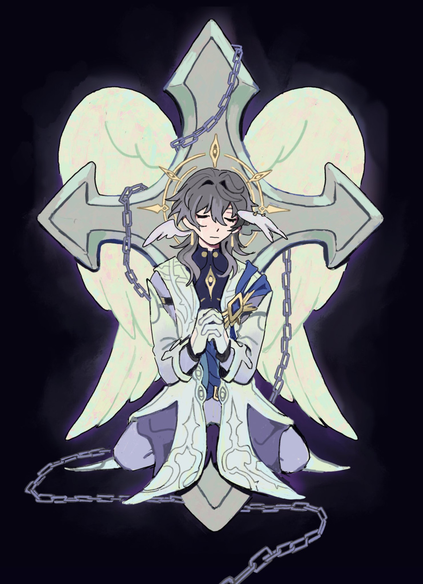 1boy, chain, closed_eyes, closed_mouth, coat, cross, earrings, facing_viewer