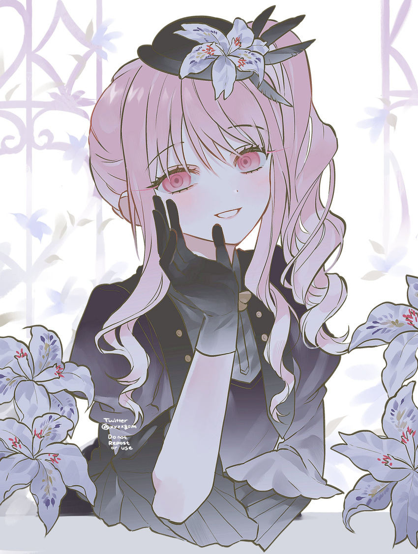 1other, absurdres, akiyama_mizuki, black_gloves, black_hat, black_shirt, flower, g0m_0
