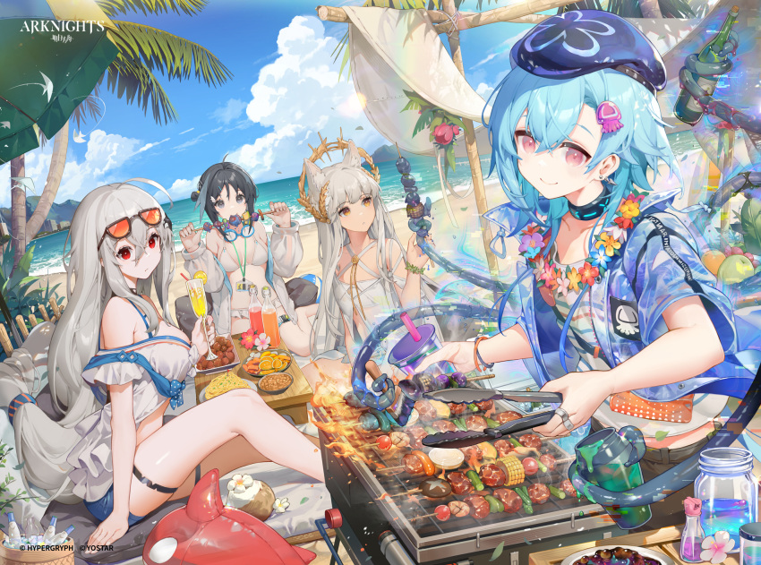 1boy, 3girls, ahoge, akizone, animal_ears, arknights, bare_shoulders, beach