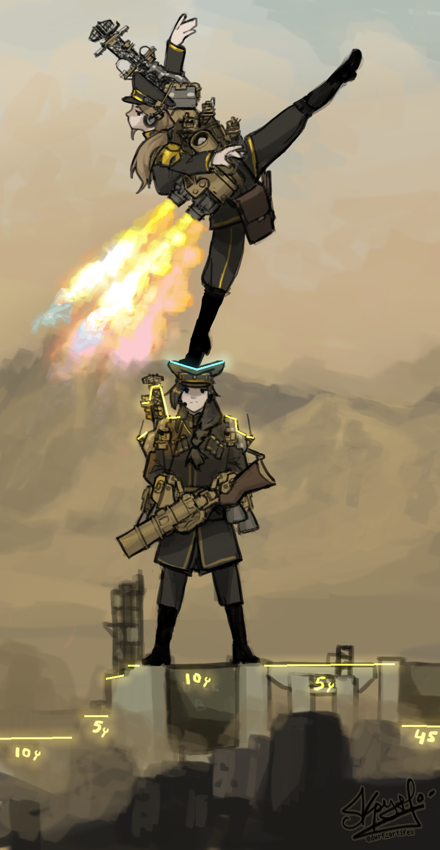 2girls, artist_name, black_footwear, black_hair, black_jacket, black_pants, boots, brown_hair