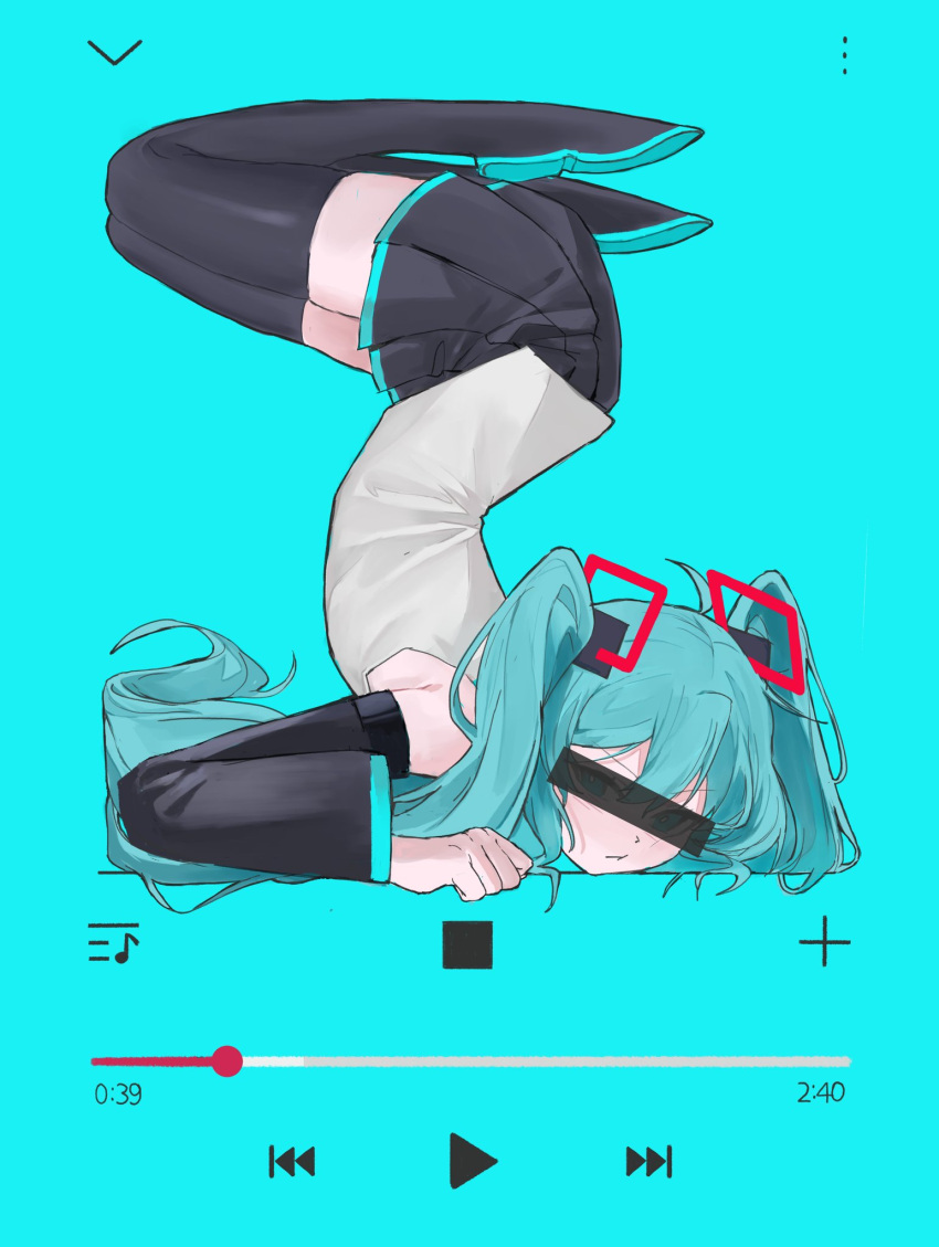 1girl, aqua_hair, black_footwear, black_skirt, blue_background, boots, censored, detached_sleeves