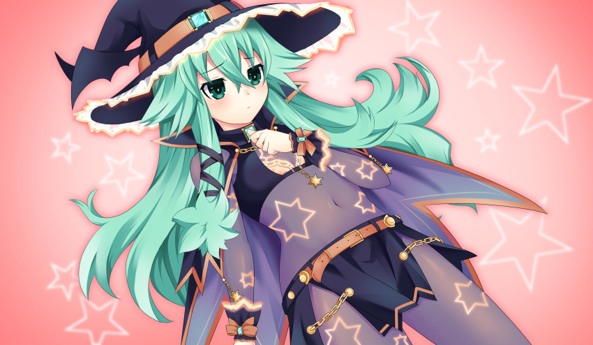 1girl, absurdres, bat_wings, belt, bodystocking, cape, date_a_live, gem, green_eyes, green_gemstone, green_hair, hair_between_eyes, hat, highres, long_hair, natsumi_(date_a_live), navel, receipt0424, solo, star_(symbol), star_print, wings, witch_hat