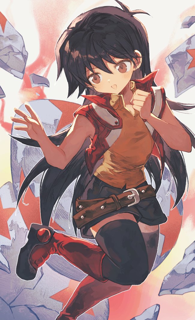 1girl, black_hair, boots, breasts, brown_eyes, duel_academy_uniform_(yu-gi-oh!_gx), hajime_daijo, jacket, long_hair, multiple_girls, open_mouth, saotome_rei, shirt, skirt, sleeveless, sleeveless_jacket, solo, thigh-highs, yu-gi-oh!, yu-gi-oh!_gx