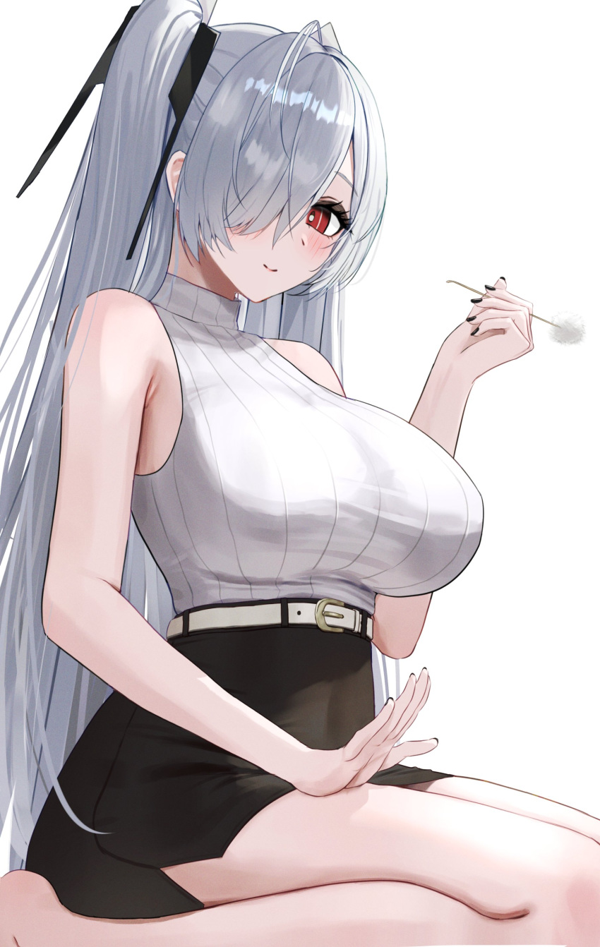 1girl, absurdres, bare_shoulders, breasts, cinderella_(nikke), goddess_of_victory:_nikke, hair_over_one_eye, highres, lap_pillow_invitation, large_breasts, long_hair, looking_at_viewer, mimikaki, red_eyes, seiza, simple_background, sitting, smile, solo, twintails, umbsy_gi, very_long_hair, white_hair
