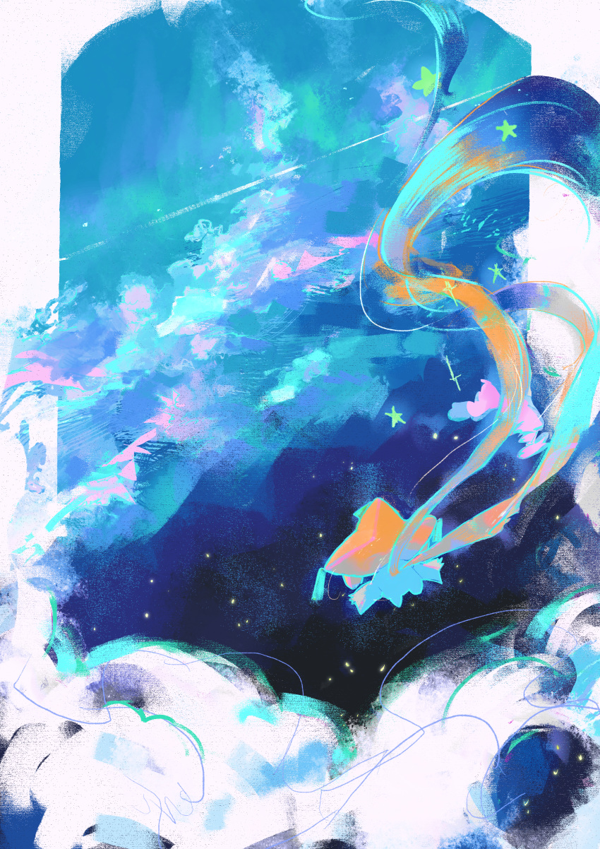 above_clouds, absurdres, border, clouds, commentary_request, from_behind, glowing, highres