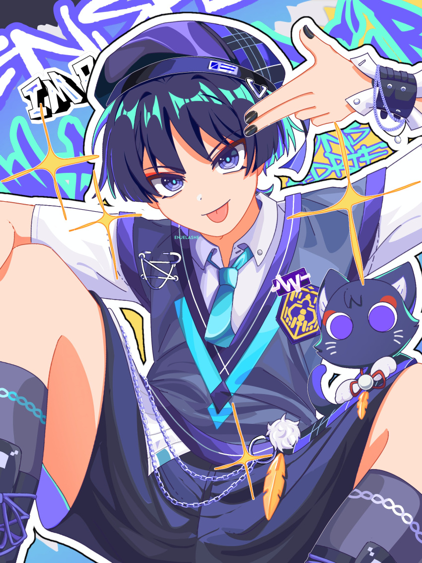 1boy, absurdres, alternate_costume, aqua_necktie, aqua_vest, arm_on_knee, beret, black_hair, black_nails, cat, chain, collared_shirt, enjelashe, eyeliner, eyeshadow, feathers, gem, genshin_impact, gold, graffiti, grey_socks, hair_intakes, hat, highres, looking_at_viewer, makeup, male_focus, necktie, official_alternate_costume, pearl_(gemstone), pom_pom_(clothes), purple_vest, red_eyeliner, red_eyeshadow, scaramouche_(cat)_(genshin_impact), scaramouche_(genshin_impact), shirt, short_sleeves, socks, solo, sparkle, string, thighs, tongue, tongue_out, vest, violet_eyes, wanderer_(genshin_impact), white_shirt, wrist_cuffs