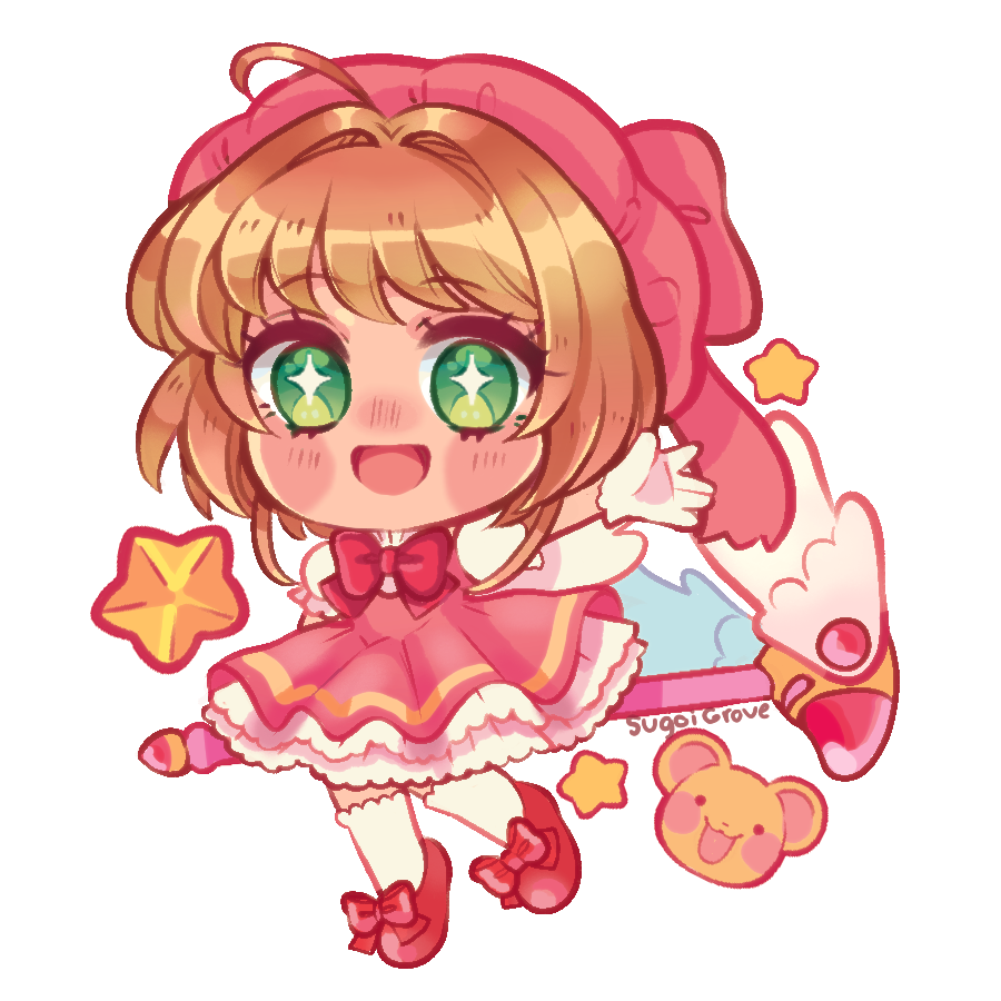 1girl, ahoge, blush, brown_hair, cardcaptor_sakura, chibi, chibi_only, dress