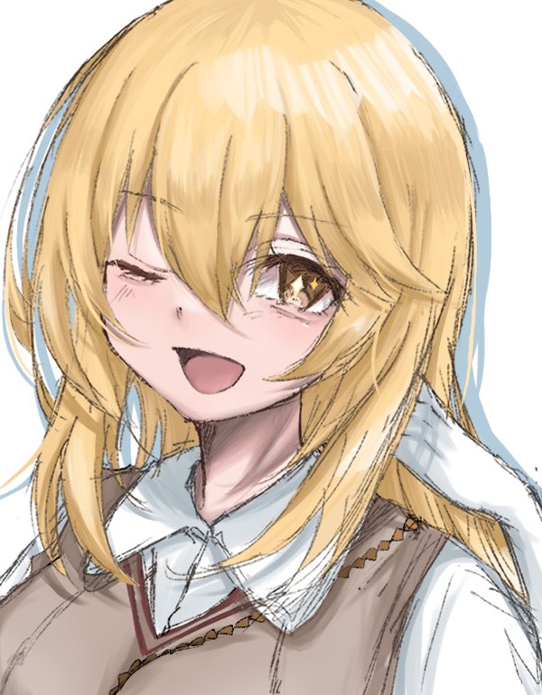 1girl, ;d, adjusting_hair, blonde_hair, brown_eyes, brown_sweater_vest, chain, chain_between_breasts