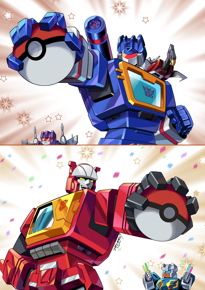 2koma, assault_visor, autobot, blaster_(transformers), clenched_hand, confetti, crossover, decepticon