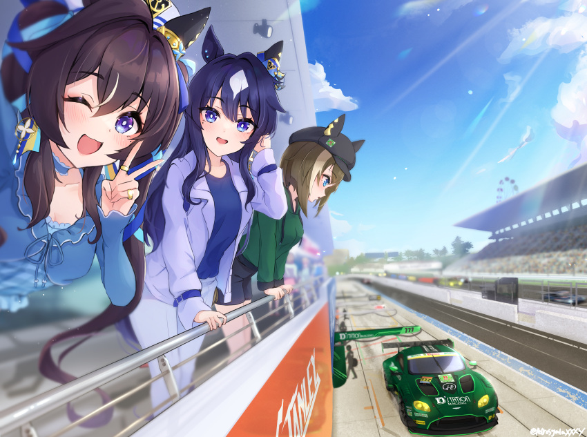 3girls, absurdres, animal_ears, aston_martin_vantage, black_shorts, blue_eyes, blue_hair, blue_shirt
