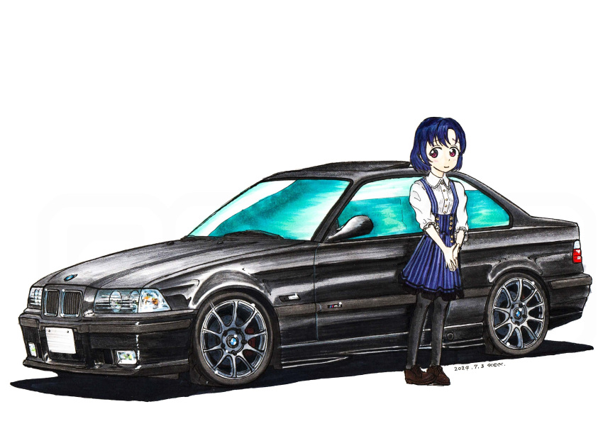 1girl, absurdres, artist_name, black_car, black_pantyhose, blue_hair, blue_skirt, bmw
