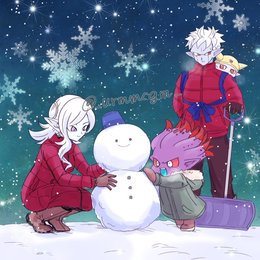 1girl, 3boys, aged_down, baby, baby_carrier, blue_skin, boots, brothers