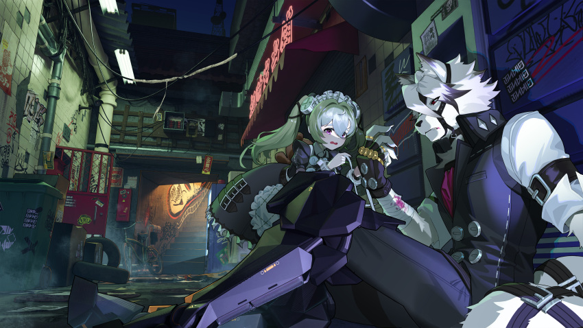 1boy, 1girl, absurdres, animal_bag, animal_ears, apron, bandaged_arm, bandages