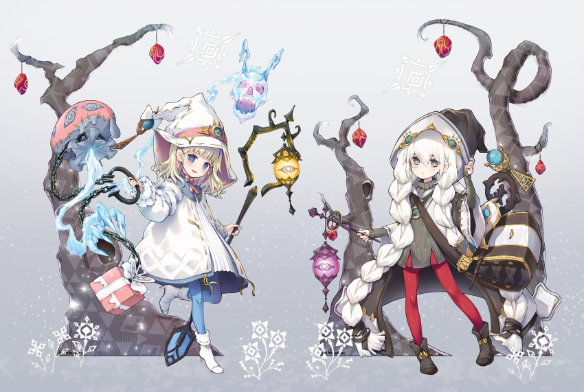 2girls, asteria_of_the_white_woods, blonde_hair, blue_eyes, blue_pantyhose, braid, brown_hat, brown_sweater