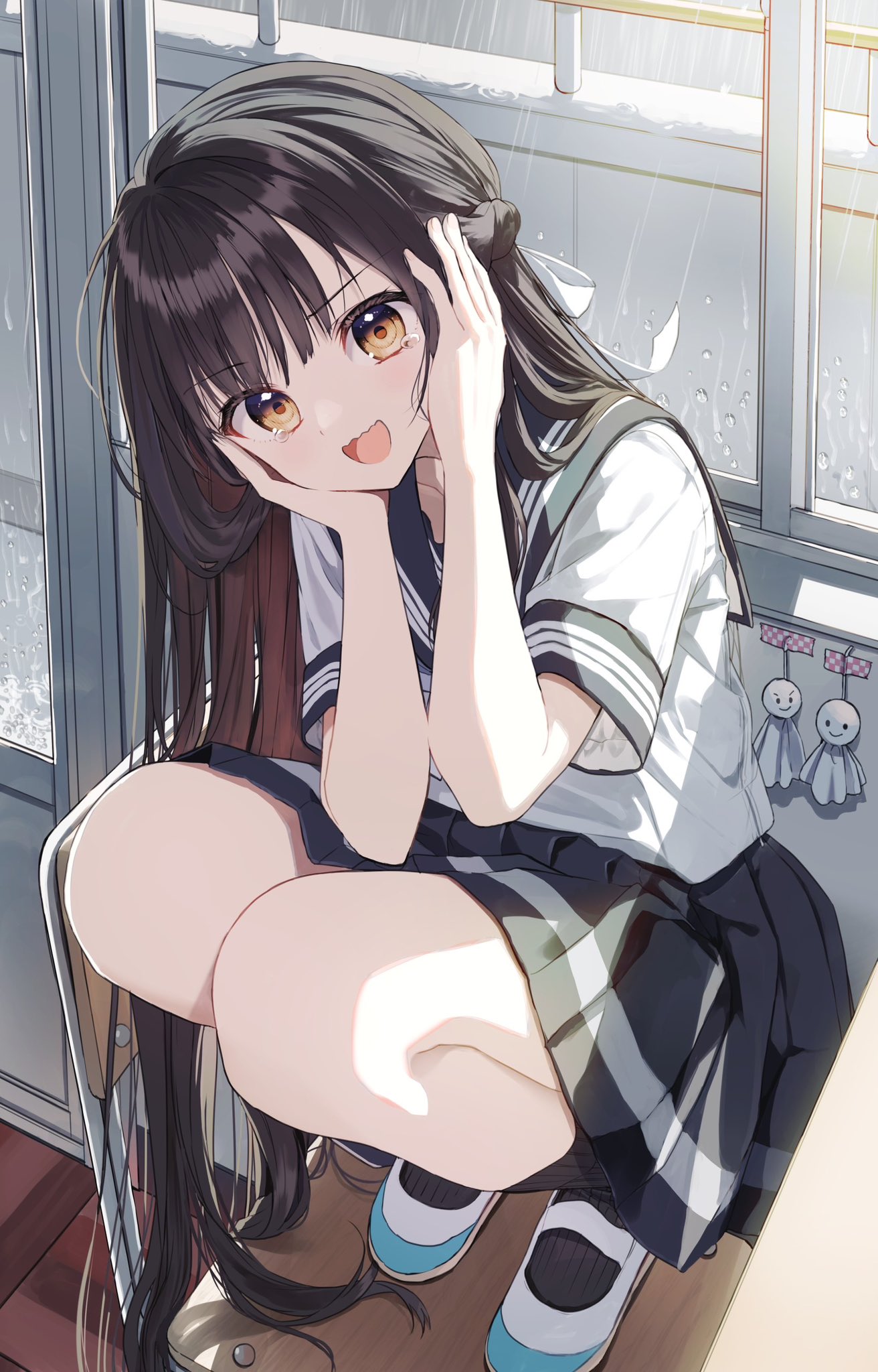 1girl, black_hair, black_sailor_collar, black_skirt, black_socks, chair, commentary_request, covering_own_ears, desk, hair_ribbon, half_up_braid, highres, indoors, kneehighs, on_chair, open_mouth, original, osana_naruka, pentagon_(railgun_ky1206), pleated_skirt, rain, ribbon, sailor_collar, school_chair, school_desk, school_uniform, serafuku, shirt, short_sleeves, skirt, socks, solo, squatting, tearing_up, teruterubouzu, wavy_mouth, white_ribbon, white_shirt, yellow_eyes