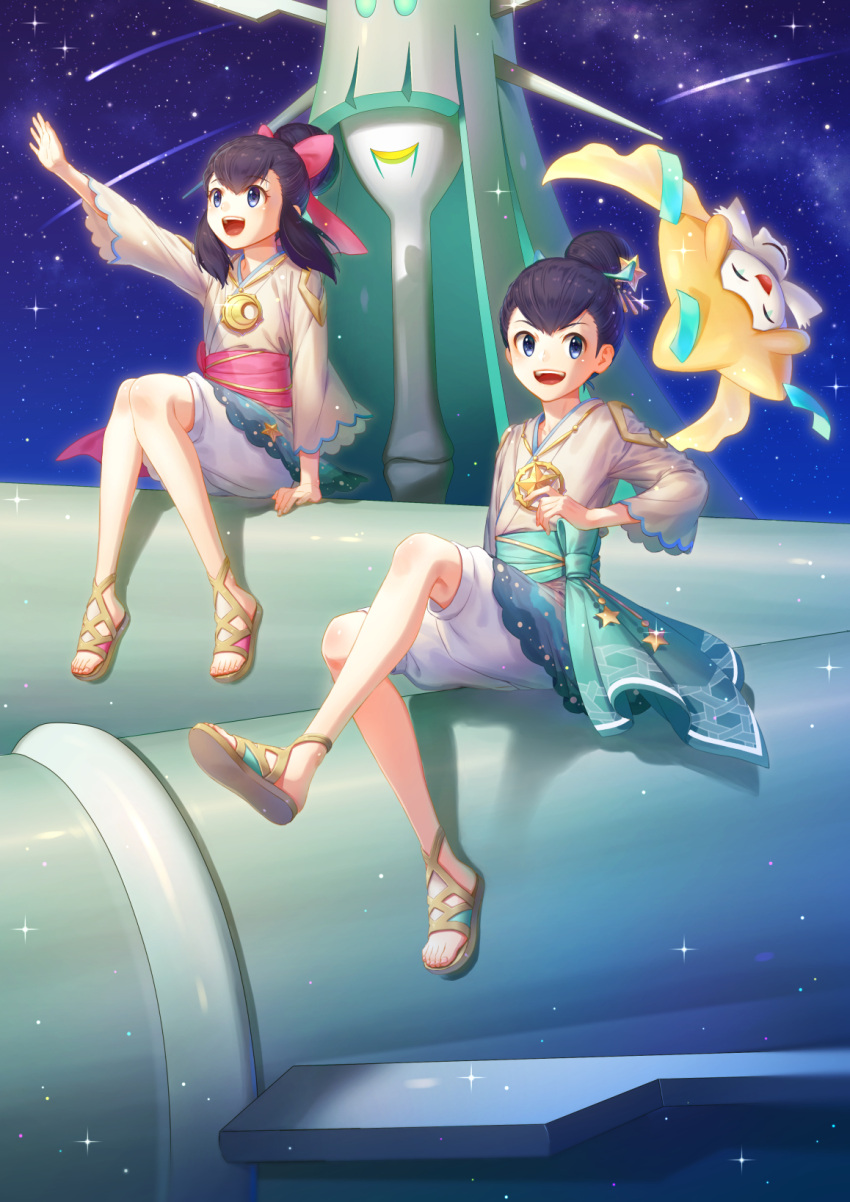 1boy, 1girl, :d, arm_up, blue_eyes, brother_and_sister, celesteela, commentary_request, hair_bun, happy, highres, jirachi, knees_together_feet_apart, liza_(pokemon), liza_(summer_2023)_(pokemon), night, noshigi_(nosi_gi), open_mouth, outdoors, pokemon, pokemon_(creature), pokemon_masters_ex, riding, riding_pokemon, sandals, siblings, sidelocks, sitting, sky, smile, sparkle, star_(sky), tate_(pokemon), tate_(summer_2023)_(pokemon), teeth, toes, upper_teeth_only